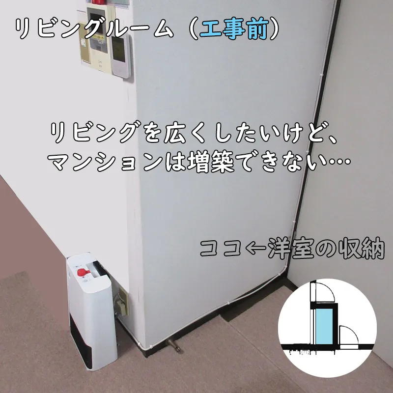 リビングルームのコーナー。洋室の収納が突起している。床側