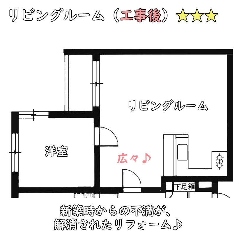 リビングルーム図面（工事後）リビングルームが広くなった